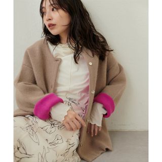 ナチュラルクチュール(natural couture)のナチュラルクチュール FOX混Wフェースニットコート モカ ピンク(ニットコート)