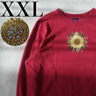 【美品】Basic Edition スウェット XXL ビーズ 刺繍 レッド 花(トレーナー/スウェット)