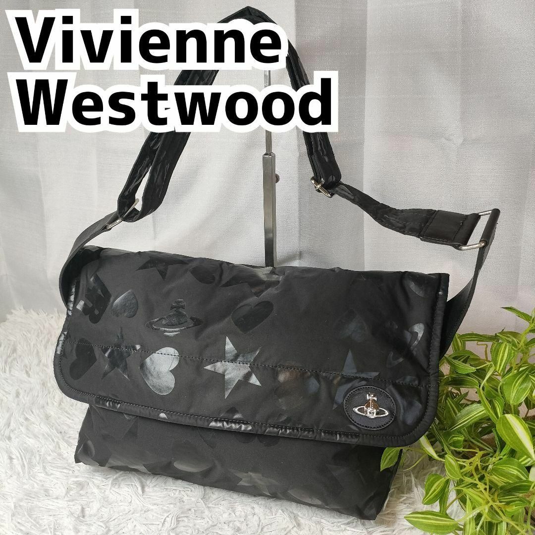 Vivienne Westwood(ヴィヴィアンウエストウッド)のヴィヴィアンウエストウッド メッセンジャー マザーズバッグ オーブ 総柄 黒 レディースのバッグ(ショルダーバッグ)の商品写真