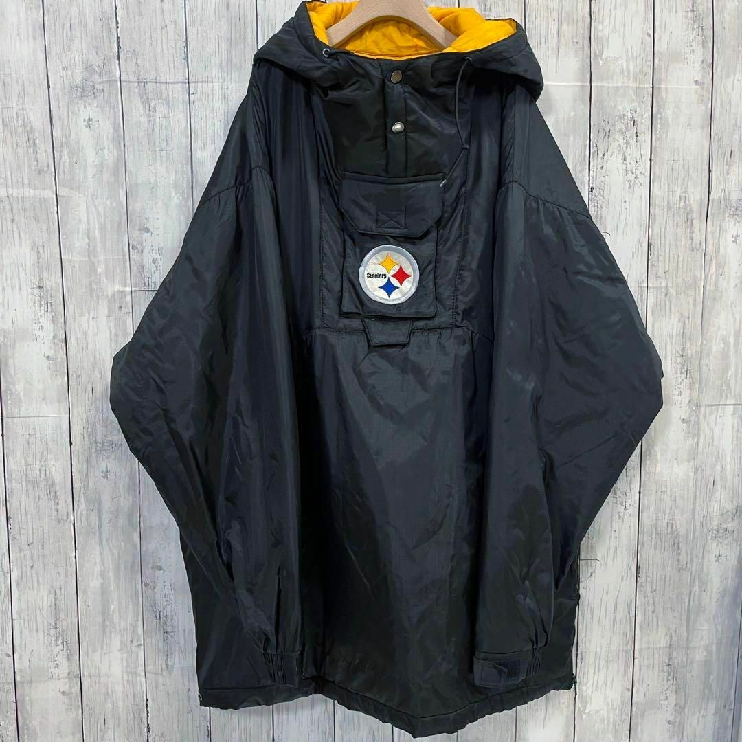 90sヴィンテージ古着NFL STEELERS 刺繍ロゴ中綿ベンチコート　L 黒