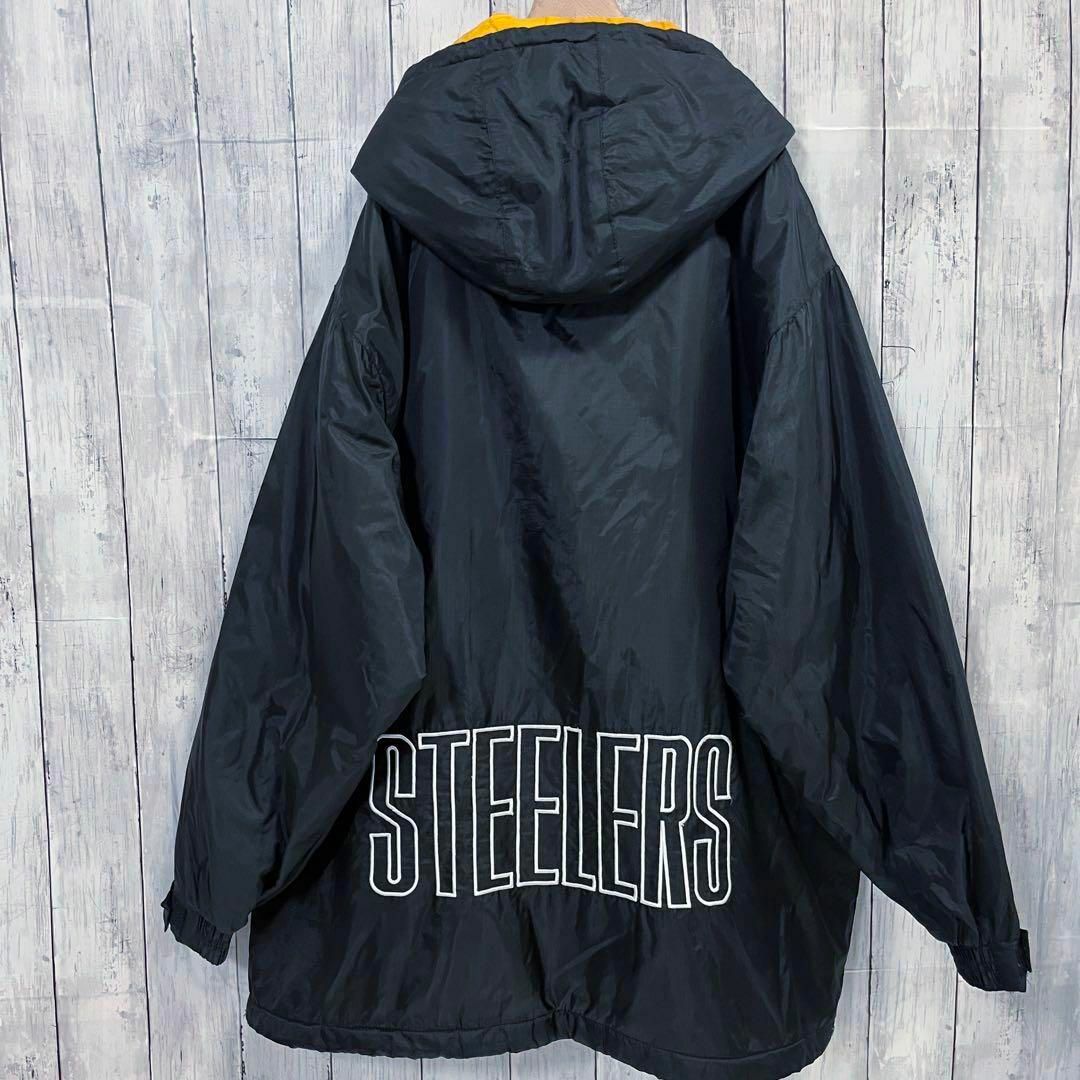 90sヴィンテージ古着NFL STEELERS 刺繍ロゴ中綿ベンチコート　L 黒