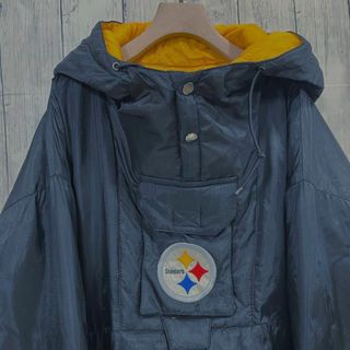 90sヴィンテージ古着NFL STEELERS 刺繍ロゴ中綿ベンチコート　L 黒