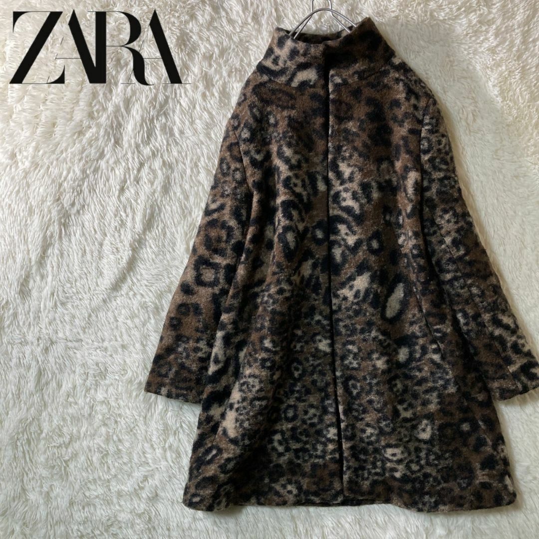 ZARA(ザラ)の美品 ZARA ザラベーシック ウールコート レオパード 豹柄 XL レディースのジャケット/アウター(ロングコート)の商品写真