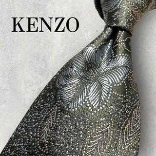 ケンゾー(KENZO)の美品 KENZO ケンゾー ジャガード 花柄 植物柄 ネクタイ カーキ 光沢あり(ネクタイ)