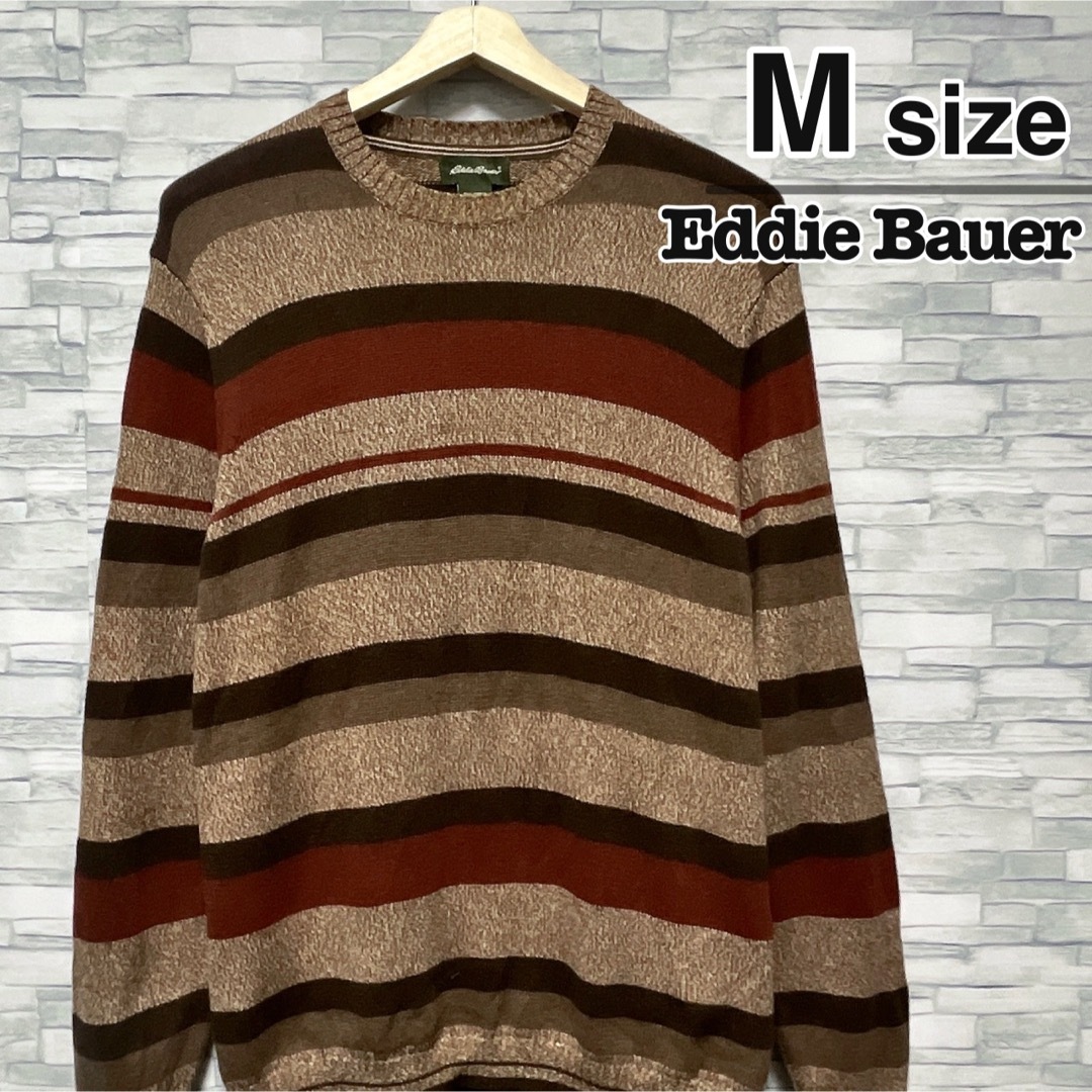 Eddie Bauer(エディーバウアー)のEddie Bauer　ニット　セーター　M　ボーダー　ブラウン　USA古着 メンズのトップス(ニット/セーター)の商品写真