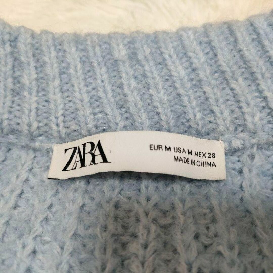 ZARA(ザラ)のZARA　水色　パッチポケットニットカーディガン　М レディースのトップス(カーディガン)の商品写真