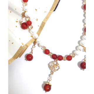 トゥアリス(To Alice)の梅窓真珠紅玉珠瓔珞 白赤金色ネックレス　縁起物　中華風　新中式　新年　着物　漢服(ネックレス)