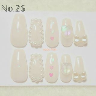 【No.26】うるうるオーロラ　ネイルチップ　ハート×パール