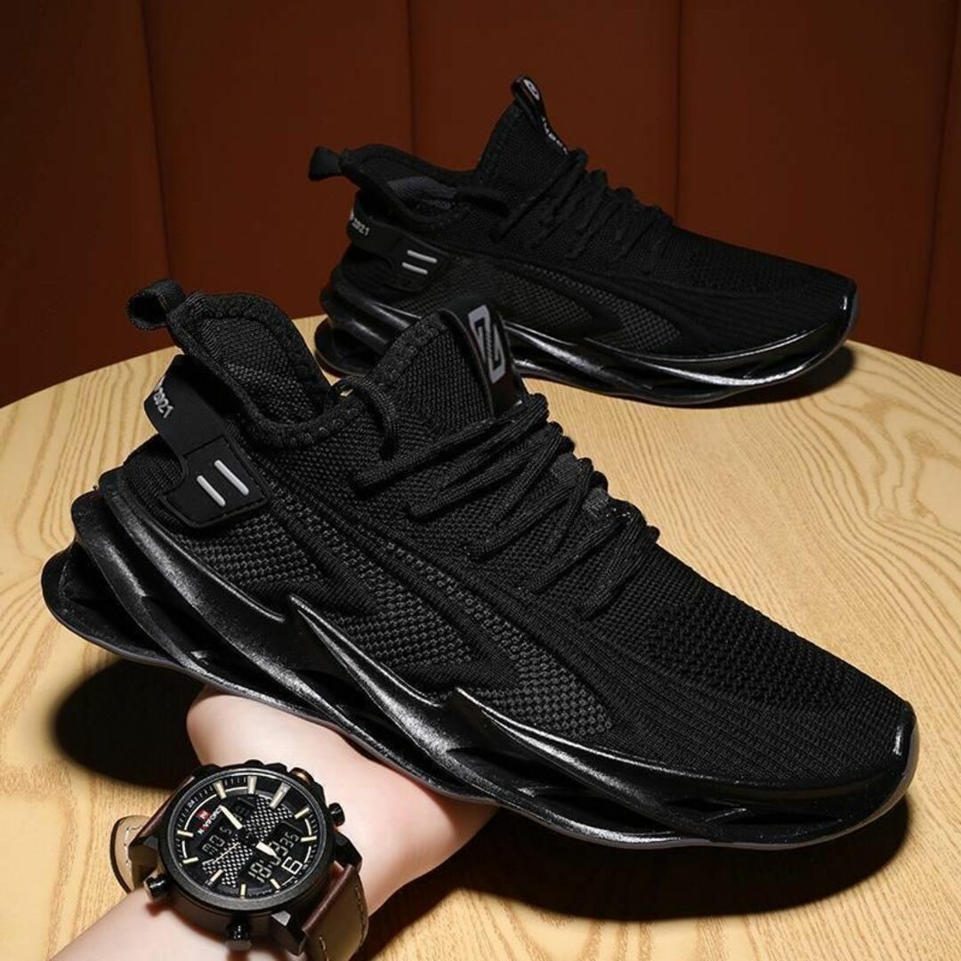 26.5cmメンズスニーカーシューズランニング厚底メッシュ運動靴ブラック黒男性1 メンズの靴/シューズ(スニーカー)の商品写真