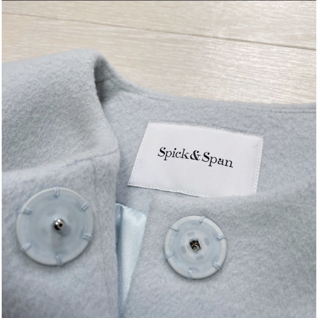 Spick & Span(スピックアンドスパン)の美品☆スピックアンドスパン ダブルクロス　ノーカラーコート　ウール　アイスブルー レディースのジャケット/アウター(ロングコート)の商品写真