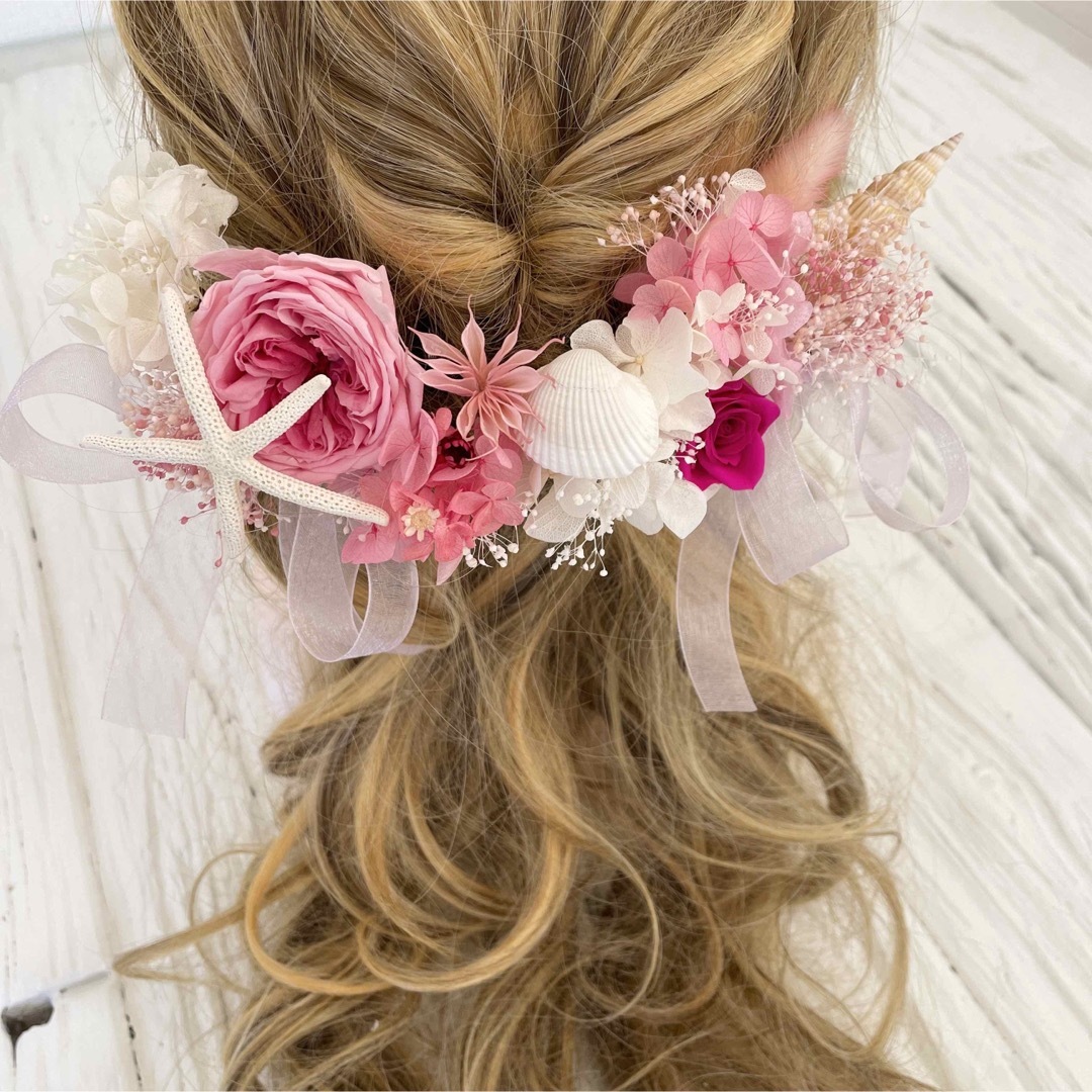 ウェディングシェル  ビビットピンク　髪飾り　ヘッドドレス