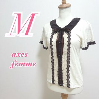 アクシーズファム(axes femme)のアクシーズファム　半袖ブラウス　M　ホワイト　ブラウン　きれいめ　レース　リボン(シャツ/ブラウス(半袖/袖なし))