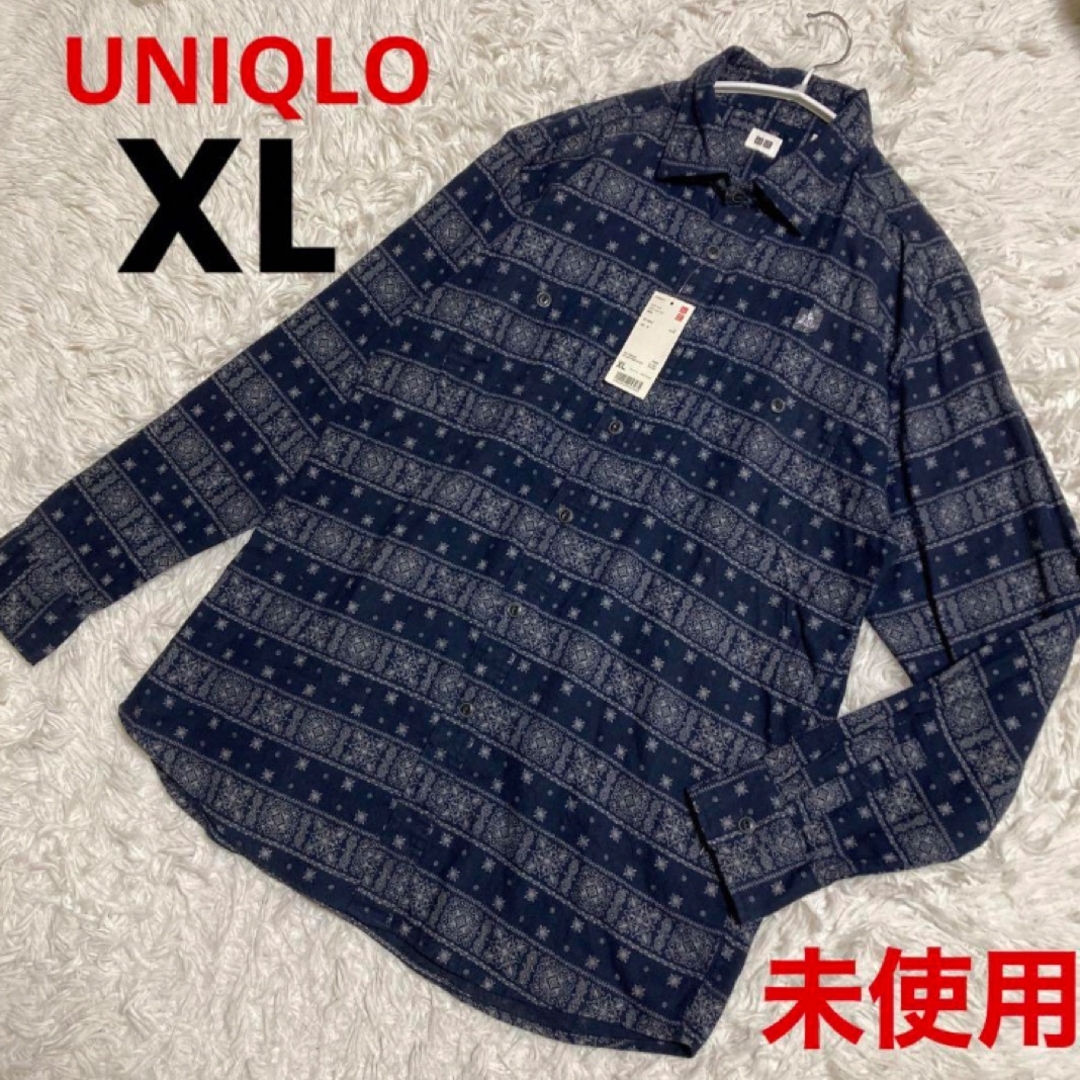 UNIQLO(ユニクロ)のタグ付き未使用 UNIQLO フランネルプリントシャツ ネイビー メンズのトップス(シャツ)の商品写真