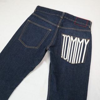 トミーヒルフィガー(TOMMY HILFIGER)のトミー 濃紺ストレートジーンズ ロゴプリント テーパードデニムパンツ Mサイズ(デニム/ジーンズ)