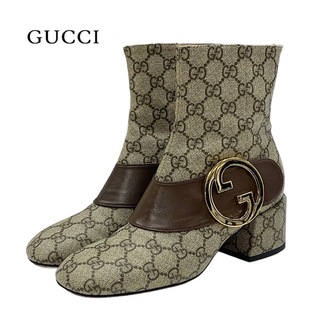 グッチ(Gucci)のグッチ GUCCI ブーツ ショートブーツ 靴 シューズ レザー ベージュ ブラウン ゴールド GGスプリーム ベルト(ブーツ)