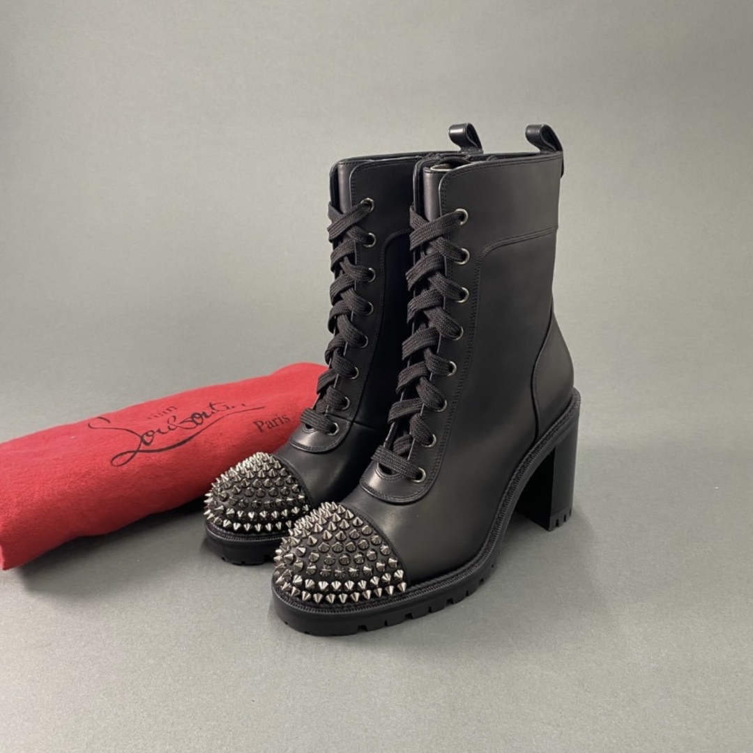 L11《未使用に近い》Christian Louboutin クリスチャンルブタン TS Croc70mm スタッズ レースアップブーツ  36.5(23.5cm相当)ブラック レザー85ヒール高さ