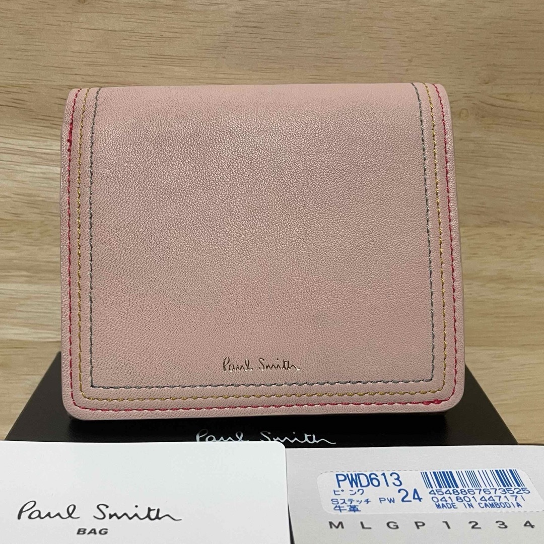 安値 新品 ポールスミス PAULSMITH 折り財布 牛革 ピンク Sステッチ