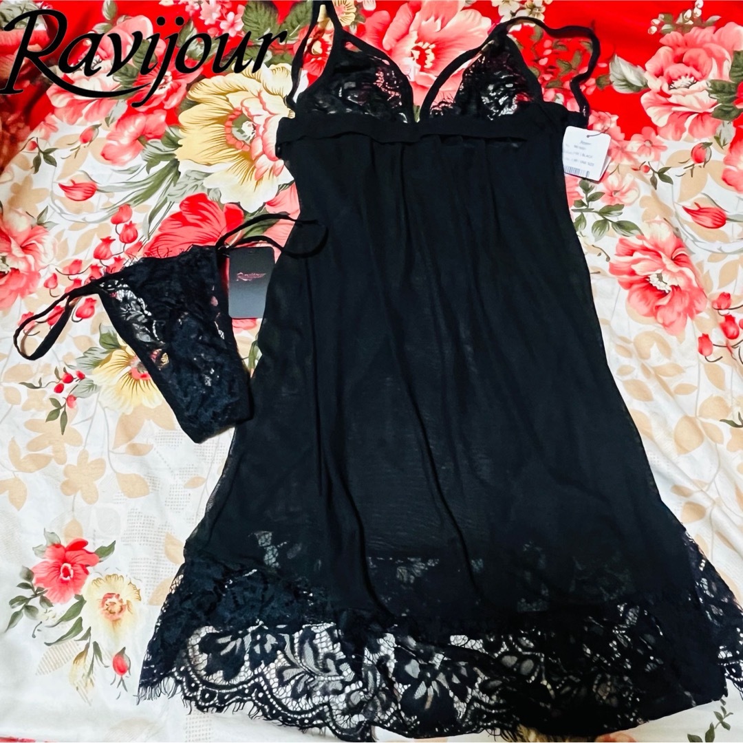 Ravijour(ラヴィジュール)のRavijour★ベビードール★Tバックショーツパンツ下着★透けレースBLACK レディースの下着/アンダーウェア(その他)の商品写真