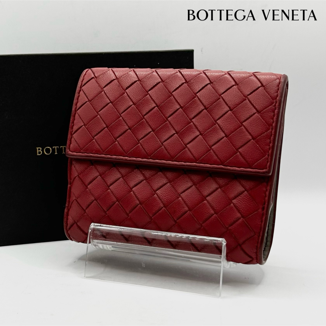 美品 BOTTEGA VENETA 二つ折り財布 イントレチャート Wホック 赤 | フリマアプリ ラクマ