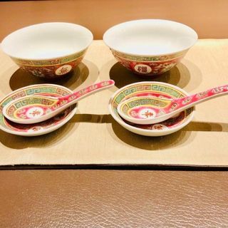 【希少蔵品】景德鎮手描き食器 萬壽無疆柄　お碗 ＆ソーサー ＆レンゲ　6点セット(食器)