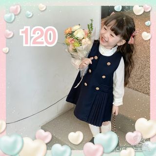 120 ワンピース 女の子 金ボタン プリーツ 濃紺 卒園式  入学式 発表会(ワンピース)