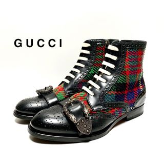 グッチ(Gucci)の☆良品 グッチ チェック レザー 切替 ベルト レースアップ ブーツ イタリア製(ブーツ)