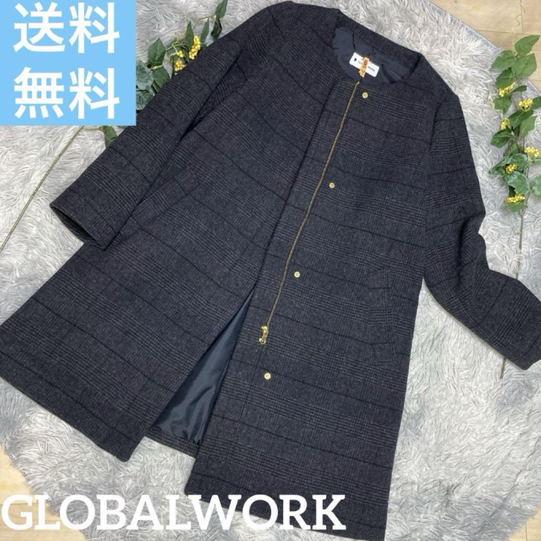 GLOBAL WORK(グローバルワーク)の送料無料　GLOBALWORK ツイード　チェック　ビジネス　ロングコート　S レディースのジャケット/アウター(ロングコート)の商品写真