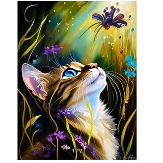 新品ダイヤモンドアート30×40 青い瞳の綺麗な猫と紫の花 菖蒲 アヤメ ネコ(アート/写真)