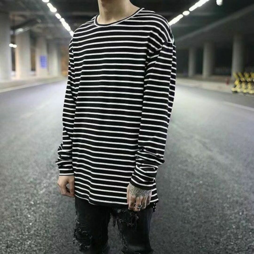 韓国 メンズ ボーダー 長袖 Tシャツ ロンT ストリート ブラック メンズのトップス(Tシャツ/カットソー(七分/長袖))の商品写真