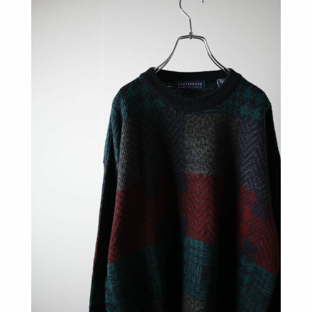 【vintage】グレンチェック 総柄 ウール 多色 ニット セーター イタリア古着屋arie✿K226
