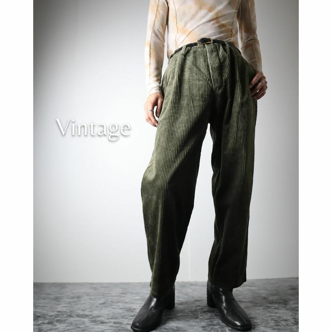 ART VINTAGE(アートヴィンテージ)の【vintage】2タック ワイド 太畝 肉厚 コーデュロイパンツ 深緑 W34 メンズのパンツ(チノパン)の商品写真