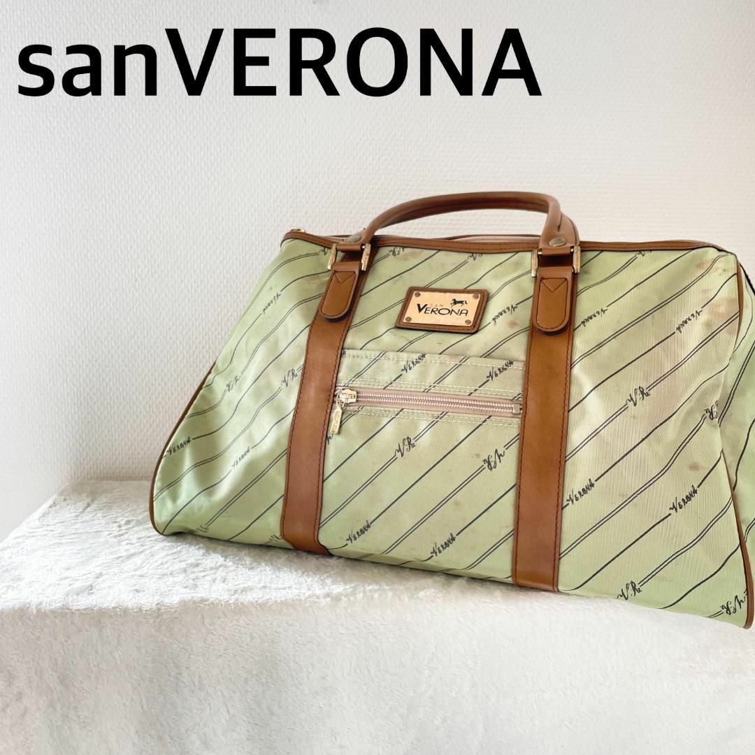 レア✨San Verona サンヴェローナボストンバッグハンドバッググリーン緑ファスナータイプ外側