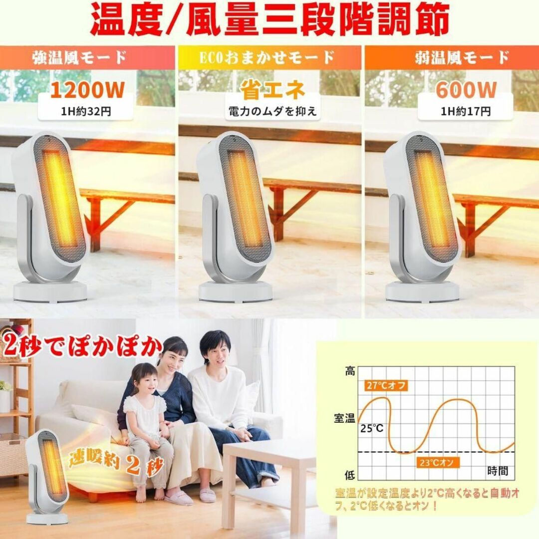 2秒で速暖 ✨ 電気ヒーター セラミックヒーター 省エネ タイマー機能付き スマホ/家電/カメラの冷暖房/空調(電気ヒーター)の商品写真