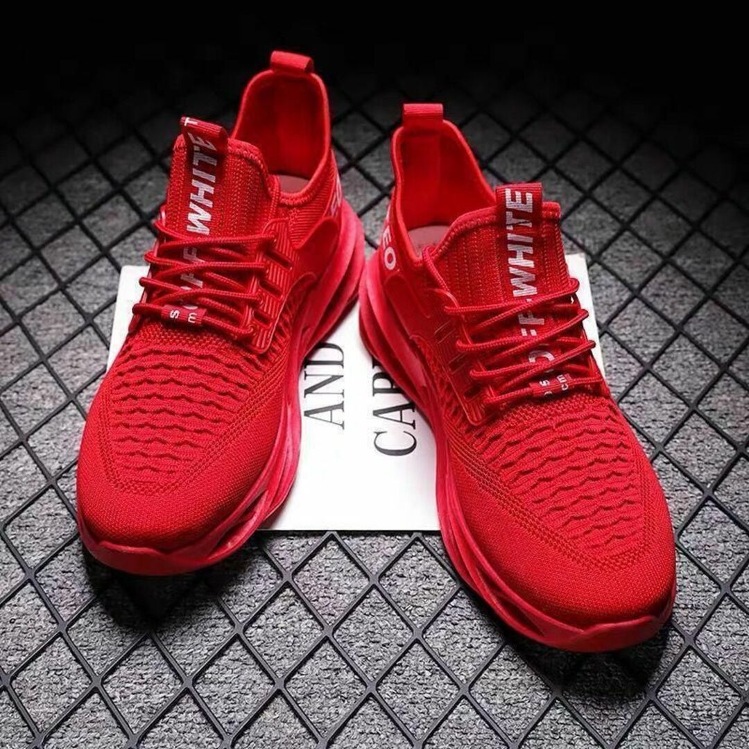 25cm/メンズスニーカーシューズランニング厚底メッシュ運動靴男性レッド赤a2 メンズの靴/シューズ(スニーカー)の商品写真
