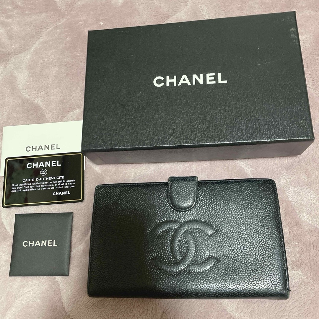 ブランド シャネル CHANEL キャビアスキン 二つ折り 長財布 ブラック