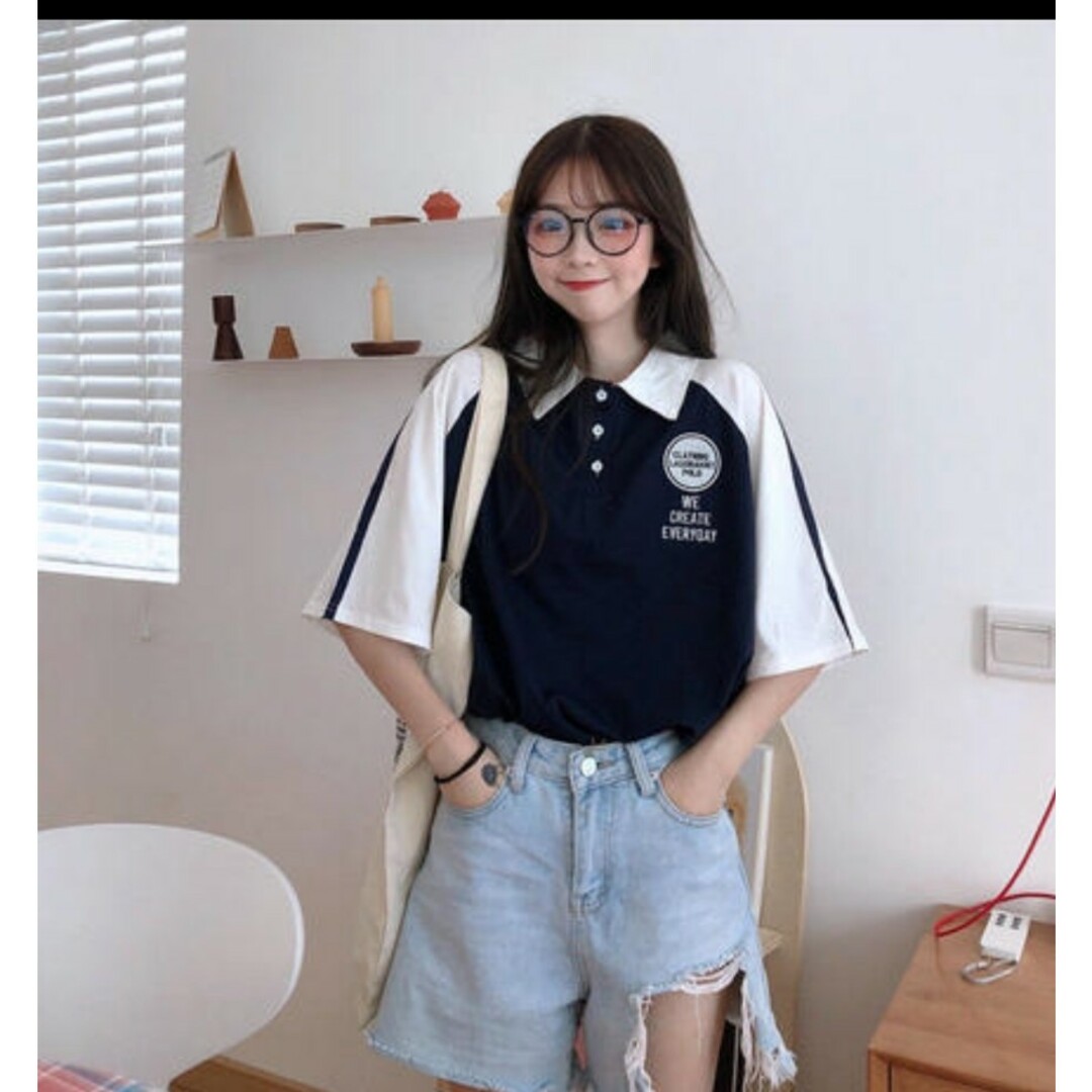 ポロシャツ 韓国 レディース ビッグシルエット ネイビーＬ レディースのトップス(ポロシャツ)の商品写真
