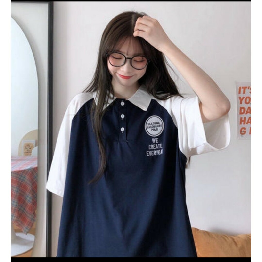 ポロシャツ 韓国 レディース ビッグシルエット ネイビーＬ レディースのトップス(ポロシャツ)の商品写真