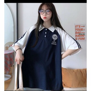 ポロシャツ 韓国 レディース ビッグシルエット ネイビーＬ(ポロシャツ)