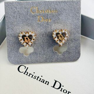 クリスチャンディオール(Christian Dior)の極美品 Dior イヤリング ロゴ ハート ラインストーン 刻印あり クリップ式(イヤリング)