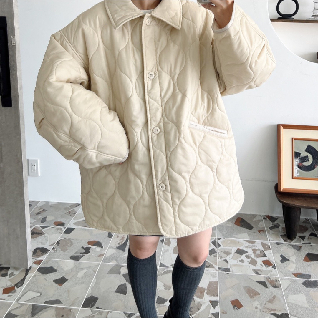 ripstop quilted coatクリーム色