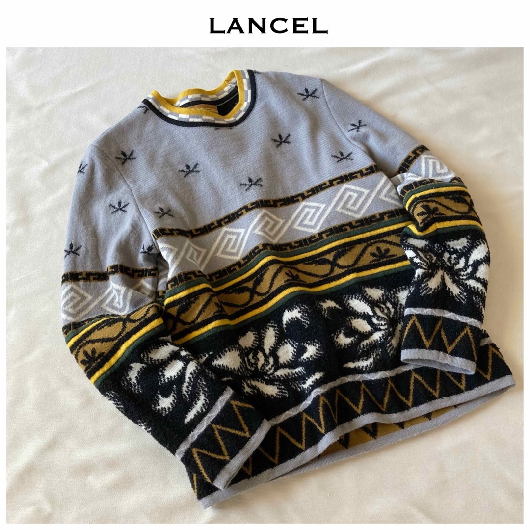 LANCEL(ランセル)のビンテージ ランセル ジャガード ニット M グレー イエロー ブラック レディースのトップス(ニット/セーター)の商品写真