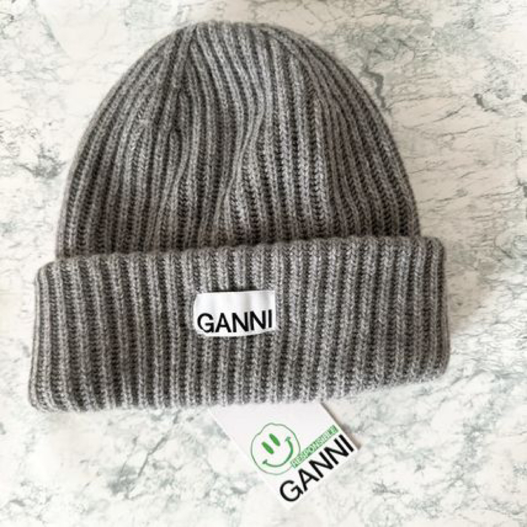 レディース Ganni ガニー ロゴ ニット帽 ニットキャップ グレーの通販