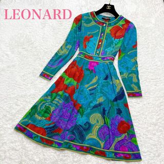 レオナール(LEONARD)の美品✨レオナール ロングワンピース 花柄 トリム 美シルエット Aライン M(ロングワンピース/マキシワンピース)