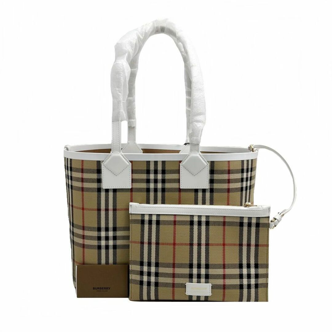 BURBERRY(バーバリー)のバーバリー/BURBERRY/トートバッグ/スモールロンドントートバッグ/コットンキャンバス×レザー/バーバリーチェック柄/ベージュ×ホワイト/2023/8072331【BAG4168】 レディースのバッグ(トートバッグ)の商品写真