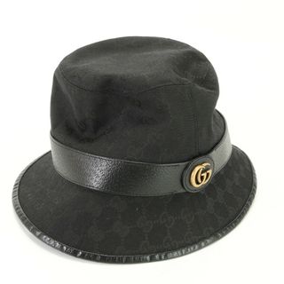 グッチ(Gucci)の新品同様 現行品 グッチ ダブルG GG キャンバス バケット ハット 576587 レザー 帽子 ブラック メンズ レディース TJE 2お16-12(ハット)