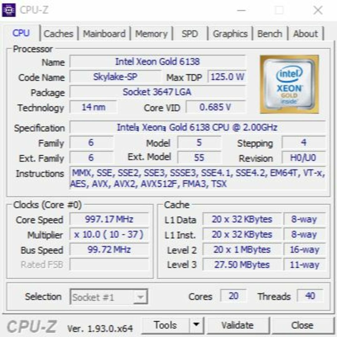 intel(インテル)のIntel Xeon GOLD 6138 20コア40スレッド LGA3647① スマホ/家電/カメラのPC/タブレット(PCパーツ)の商品写真