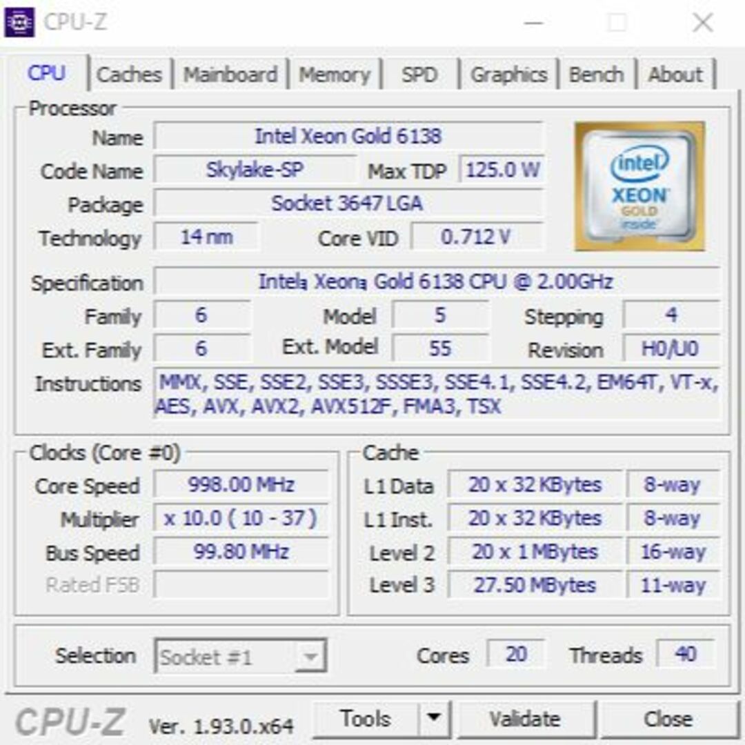 intel(インテル)のIntel Xeon GOLD 6138 20コア40スレッド LGA3647② スマホ/家電/カメラのPC/タブレット(PCパーツ)の商品写真