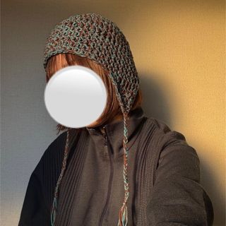 ☆ブルーグリーン×ブラウン☆ニット帽☆耳当てひも付き☆earflap☆クロシェ☆(帽子)