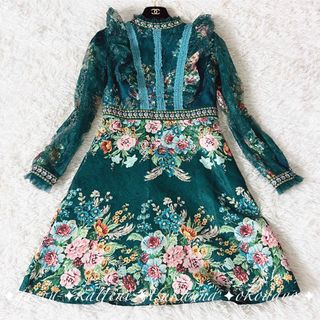 ヴィンテージ 花柄刺繍 総柄 フレアワンピース Aライン フリル S(ひざ丈ワンピース)