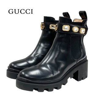 グッチ(Gucci)のグッチ GUCCI ブーツ ショートブーツ 靴 シューズ サイドゴア ビジュー ベルト レザー ブラック 黒(ブーツ)